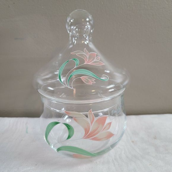 Vintage Clear Glass Vanity Jar Pasabahce Turkey Apothecary Jar Pink Flor… - Picture 4 of 7